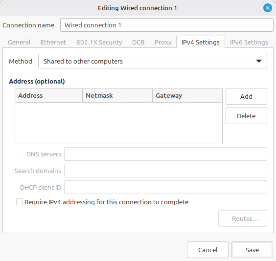 Editing Wired connection 1 window with the IPv4 tab selected. The Method field is chosen to be Shared to other computers.